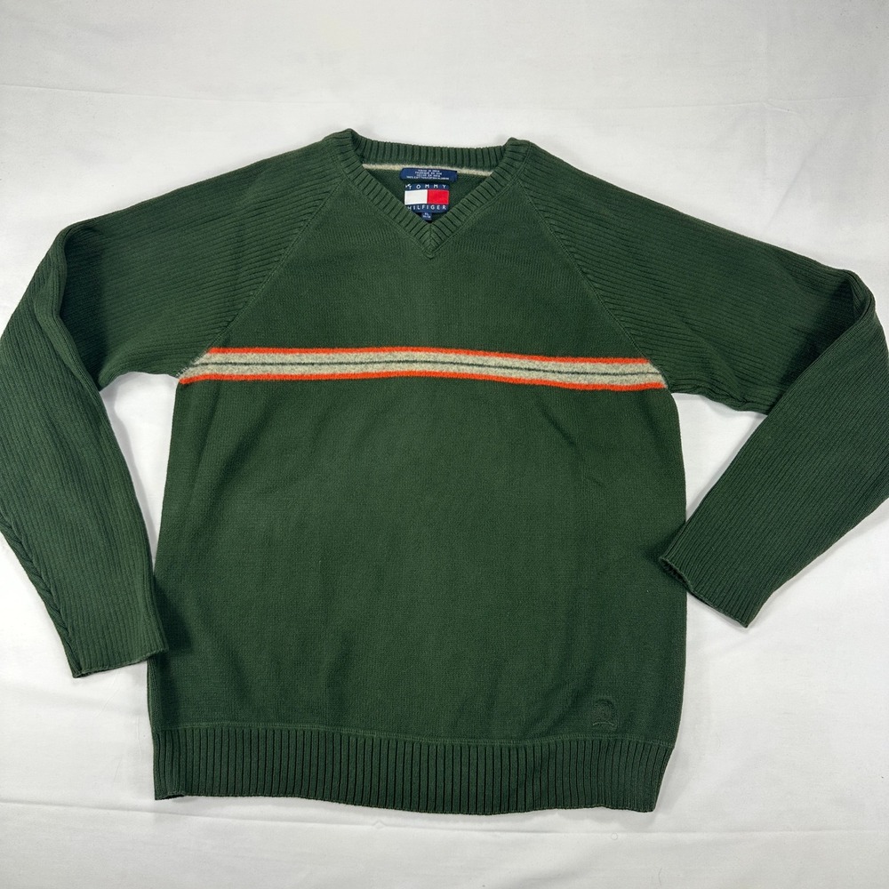 Tommy Hilfiger Sweater Mens XL Green‎ Cotton V Neck Striped Pullover Casual